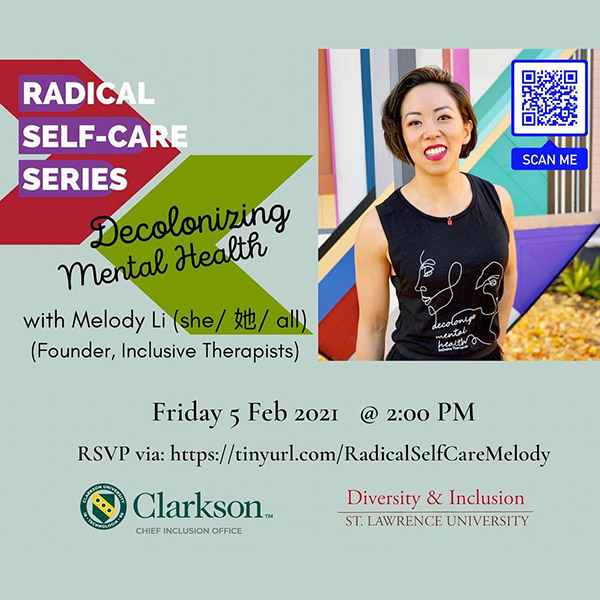 Melody Li Speaker Flyer at Clarkson University and St. Lawrence University. Decolonizing mental health